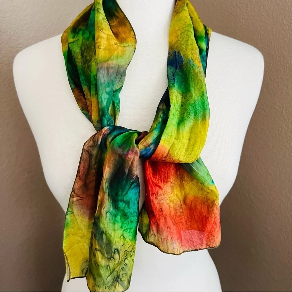Multicolor Silk Scarf. Colourful silk scarf women Tropical Hand dyed silk scarf.